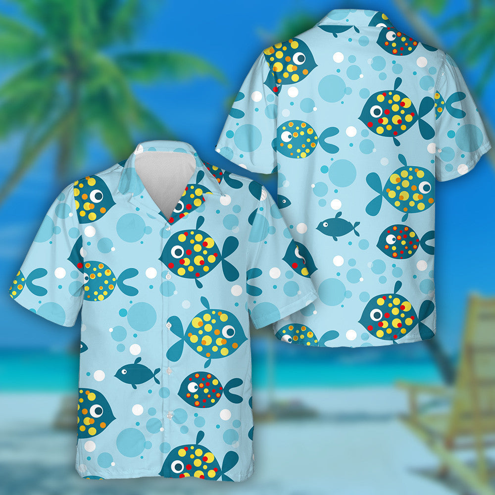 Colorful Dotted Fishes And Bubbles On Blue Background Hawaiian Shirt, Hawaiian Shirt Gift, Christmas Gift