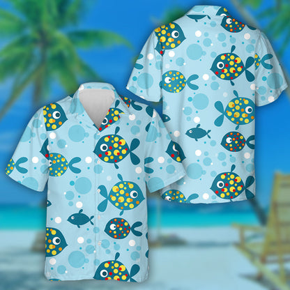 Colorful Dotted Fishes And Bubbles On Blue Background Hawaiian Shirt, Hawaiian Shirt Gift, Christmas Gift