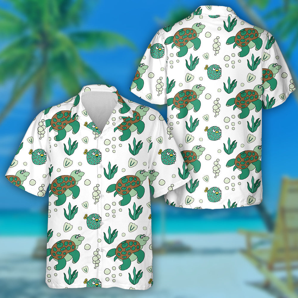 Sea Turtle And Puffer Fish Green Shades Of Color Hawaiian Shirt, Hawaiian Shirt Gift, Christmas Gift
