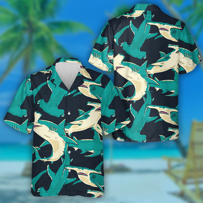 Blue Hammerhead Sharks Swimming Under The Sea Design Hawaiian Shirt, Hawaiian Shirt Gift, Christmas Gift