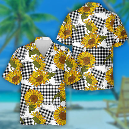 Vintage Farmhouse Bright Sunflower Flowers On Checkered Patches Hawaiian Shirt, Hawaiian Shirt Gift, Christmas Gift