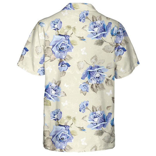 Impressive Blue Roses Branch With Little Butterflies Pattern Hawaiian Shirt , Hawaiian Shirt Gift, Christmas Gift