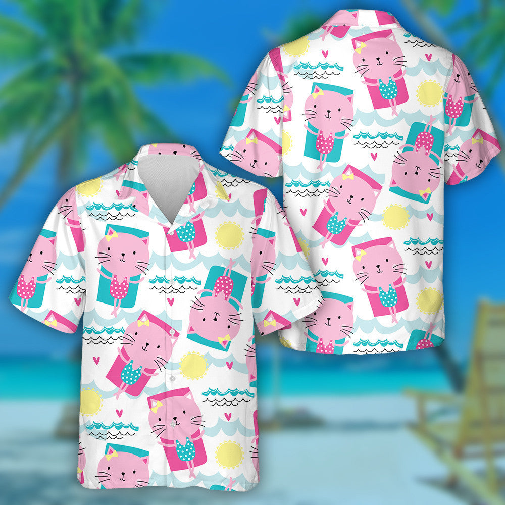 Funny Cat On Floating Air Mattress Hawaiian Shirt,Hawaiian Shirt Gift, Christmas Gift