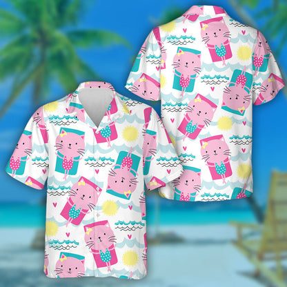 Funny Cat On Floating Air Mattress Hawaiian Shirt,Hawaiian Shirt Gift, Christmas Gift