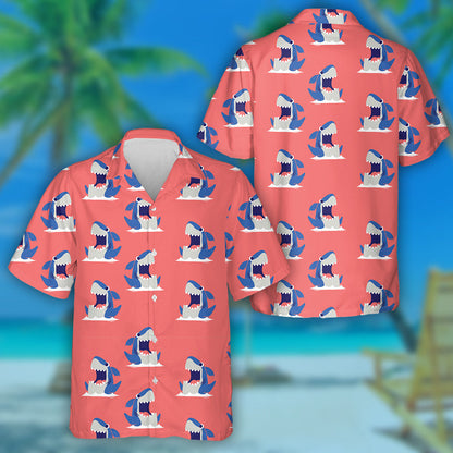 Cute Cartoon Shark Moment On Coral Background Design Hawaiian Shirt, Hawaiian Shirt Gift, Christmas Gift