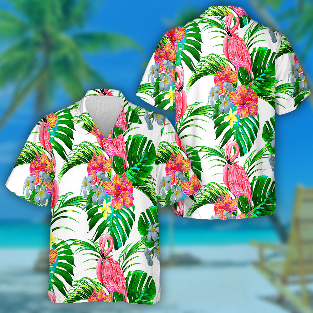 Beautiful Flamingo With Floral Exotic And Tropical Leaves Hawaiian Shirt, Hawaiian Shirt Gift, Christmas Gift