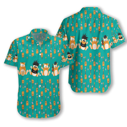 Funny Cat With Tiny Ukulele Turquoise Background Hawaiian Shirt, Hawaiian Shirt Gift, Christmas Gift