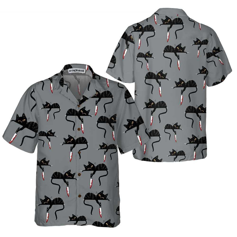 Happy Halloween Black Cat With Knife On Gray Background Hawaiian Shirt, Hawaiian Shirt Gift, Christmas Gift