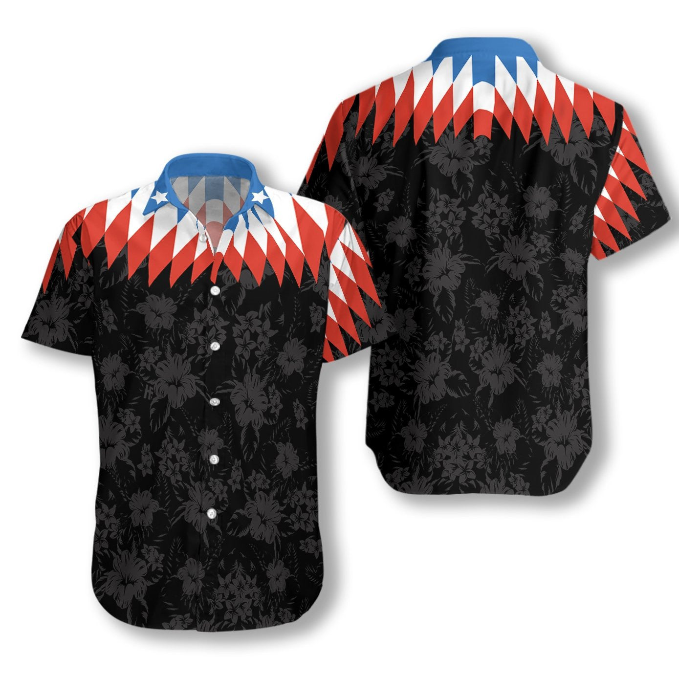 US Flower Vintage Red And Blue Geometric Design Hawaiian Shirt, Hawaiian Shirt Gift, Christmas Gift