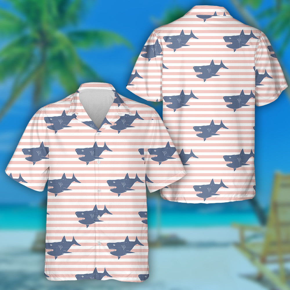 Sketched Doodle Shark On Coral White Striped Background Hawaiian Shirt, Hawaiian Shirt Gift, Christmas Gift