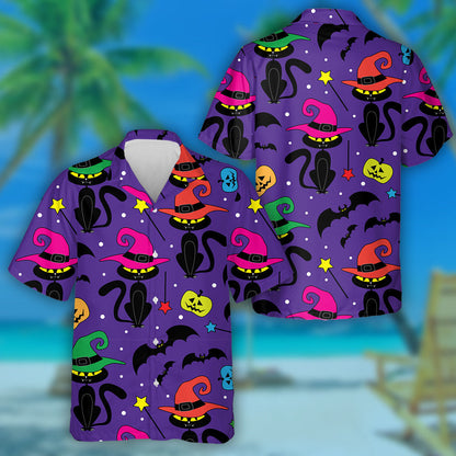 Black And Colorful Wizard Cats On Violet Background Hawaiian Shirt, Hawaiian Shirt Gift, Christmas Gift