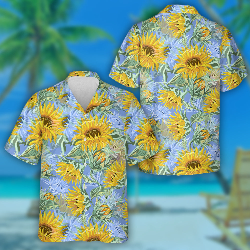Acrylic Painting Aqua Blue And Yellow Sunflowers Pattern Hawaiian Shirt, Hawaiian Shirt Gift, Christmas Gift