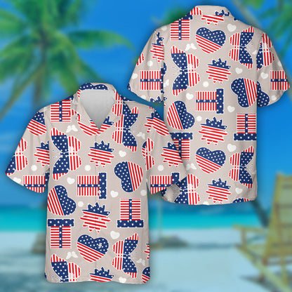 Butterfly Gift And Heart Symbol Monochrome Amrican Flag Hawaiian Shirt, Hawaiian Shirt Gift, Christmas Gift