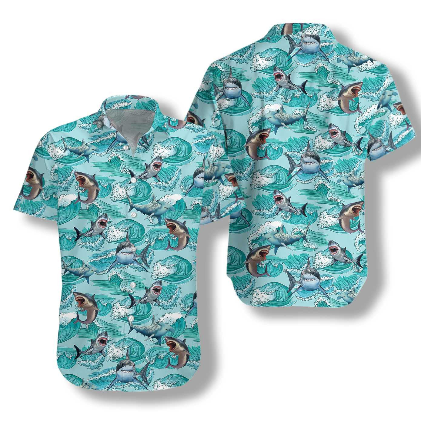 Sharks On Sea Waves Design Hawaiian Shirt, Hawaiian Shirt Gift, Christmas Gift