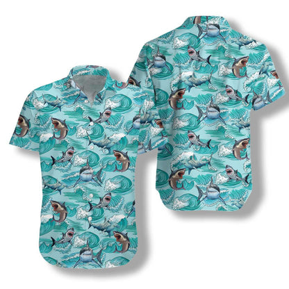Sharks On Sea Waves Design Hawaiian Shirt, Hawaiian Shirt Gift, Christmas Gift
