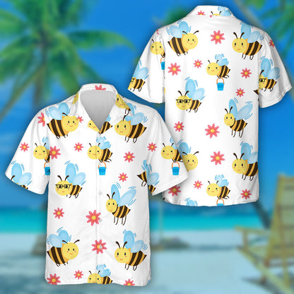 Natural Spring Cute Cartoon Bees And Red Flowers Hawaiian Shirt, Hawaiian Shirt Gift, Christmas Gift