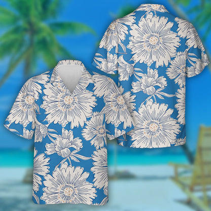 Hand Drawn Abstract Garden Flowers Blue Theme Design Hawaiian Shirt, Hawaiian Shirt Gift, Christmas Gift