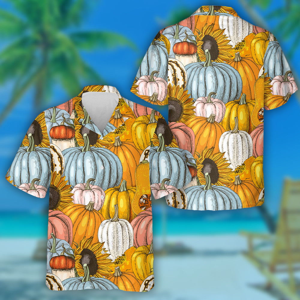 Hand Drawn Pumpkins And Sunflowers Happy Halloween Pattern Hawaiian Shirt, Hawaiian Shirt Gift, Christmas Gift