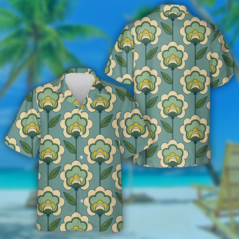 Retro Flower Branch In Green And Cream Drawing Pattern Hawaiian Shirt, Hawaiian Shirt Gift, Christmas Gift
