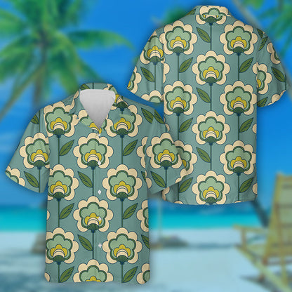 Retro Flower Branch In Green And Cream Drawing Pattern Hawaiian Shirt, Hawaiian Shirt Gift, Christmas Gift