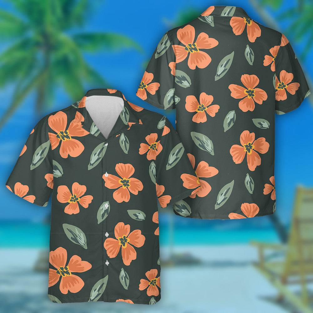 Simple Painted Orange Flower And Leaves Scattered Pattern Hawaiian Shirt, Hawaiian Shirt Gift, Christmas Gift