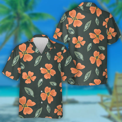 Simple Painted Orange Flower And Leaves Scattered Pattern Hawaiian Shirt, Hawaiian Shirt Gift, Christmas Gift