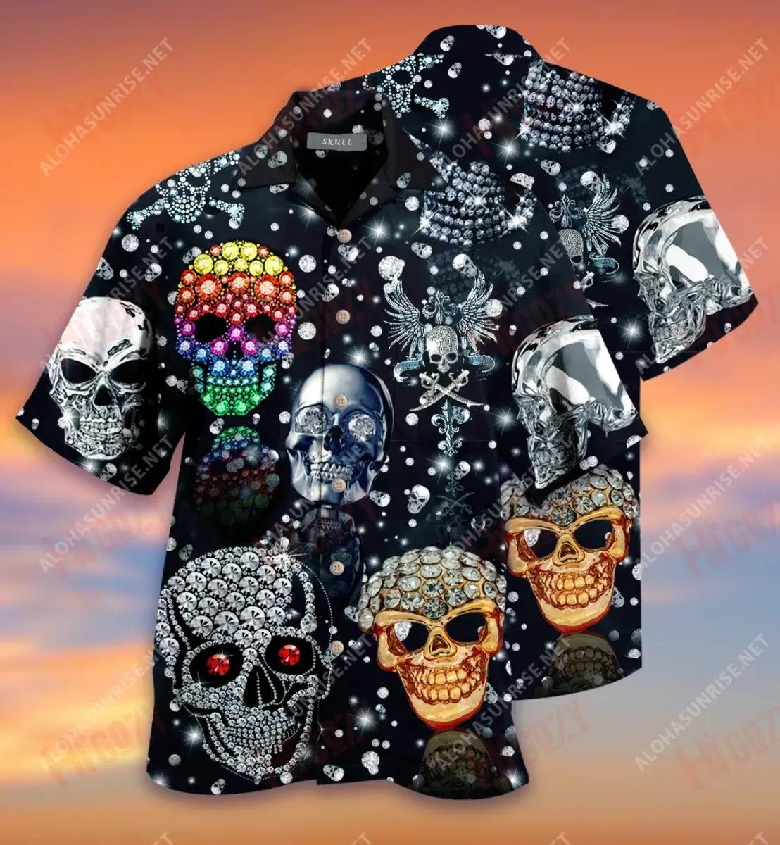 Shiny Diamond Skull Short Hawaiian Shirt Summer Short Sleeve Hawaiian Crazy Shirts Hawaiian Shirts For Men, Hawaiian Shirt Gift, Christmas Gift