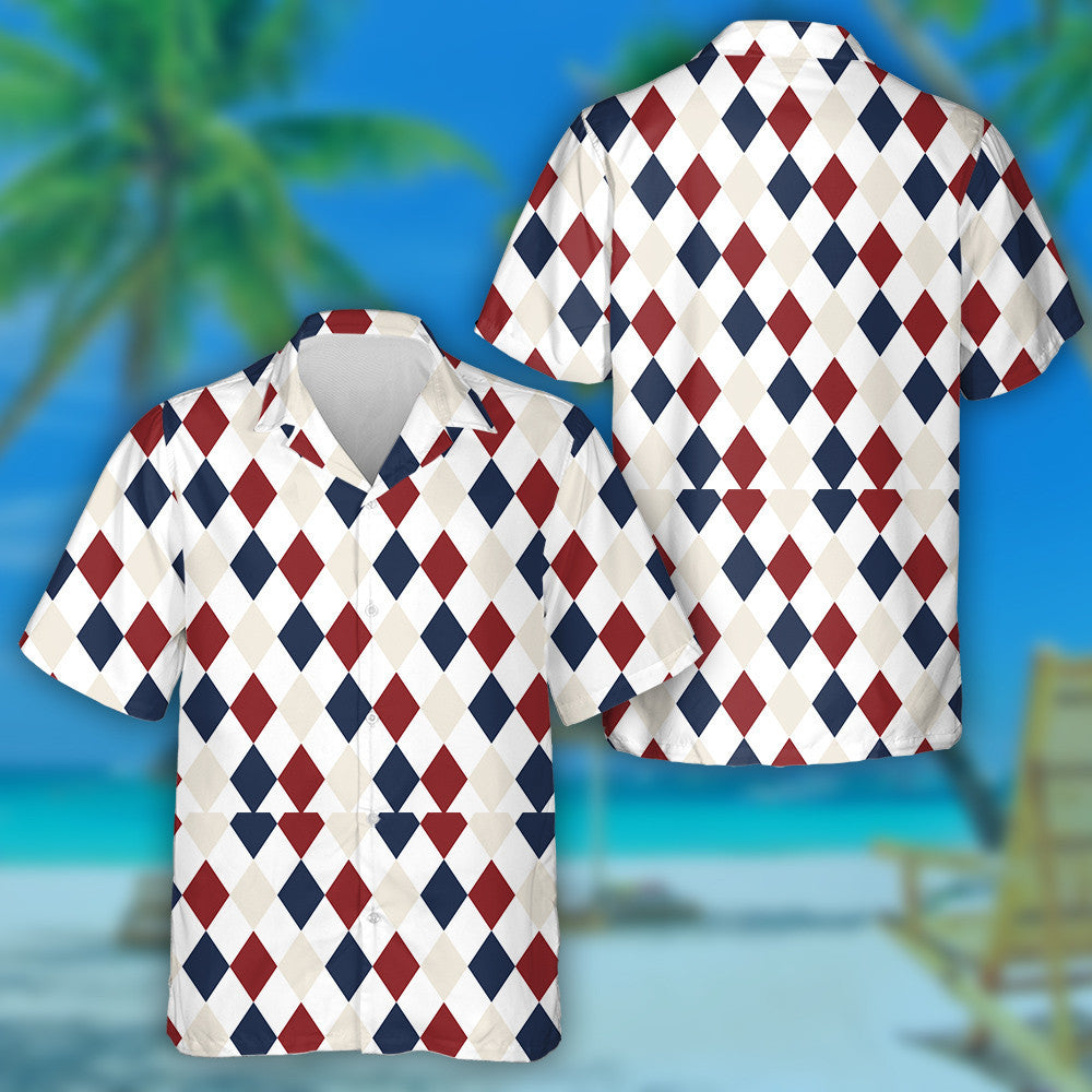 Classic Diamond Repeating Pattern In Red Blue And White Hawaiian Shirt, Hawaiian Shirt Gift, Christmas Gift