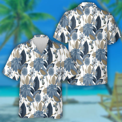 Pattern Of Blue Cornflowers Dahlias Thistles Flowers And Leaves Hawaiian Shirt, Hawaiian Shirt Gift, Christmas Gift