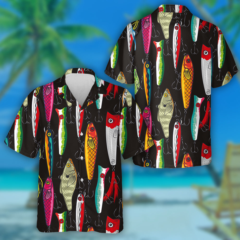 Colorful Fishing Lures On Black Background Art Design Hawaiian Shirt, Hawaiian Shirt Gift, Christmas Gift