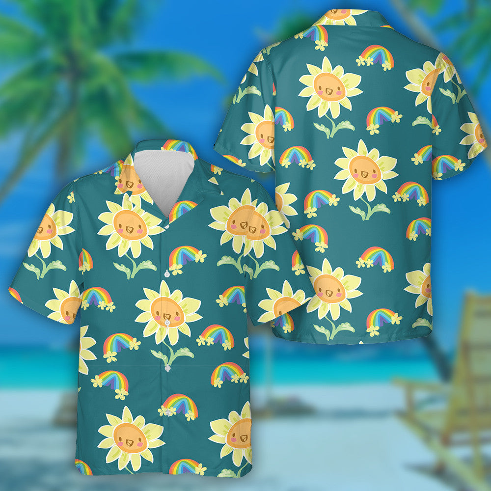 Cute Drawing Elements Including Happy Sunflower And Rainbow Hawaiian Shirt, Hawaiian Shirt Gift, Christmas Gift