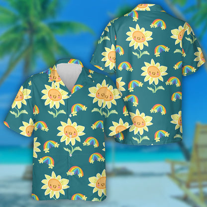 Cute Drawing Elements Including Happy Sunflower And Rainbow Hawaiian Shirt, Hawaiian Shirt Gift, Christmas Gift