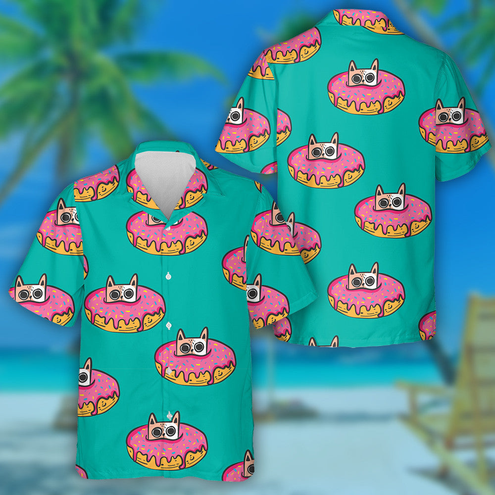 Cute Cat In The Donut On Green Hawaiian Shirt,Hawaiian Shirt Gift, Christmas Gift