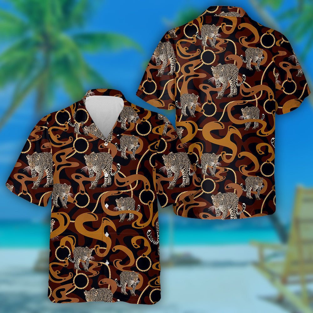 Leopard Walking With Gold Accessories Chains Hawaiian Shirt, Hawaiian For Gift