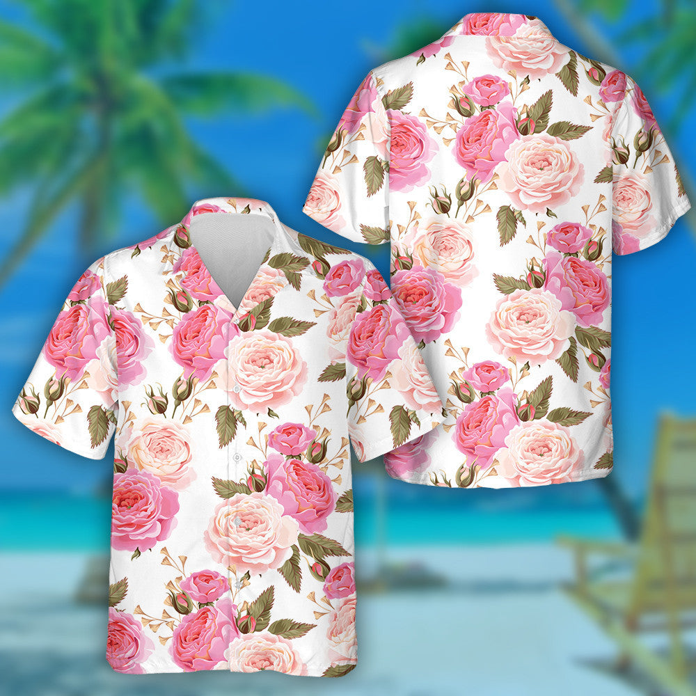 Pale Pink English Rose Branch White Theme Design Hawaiian Shirt, Hawaiian Shirt Gift, Christmas Gift