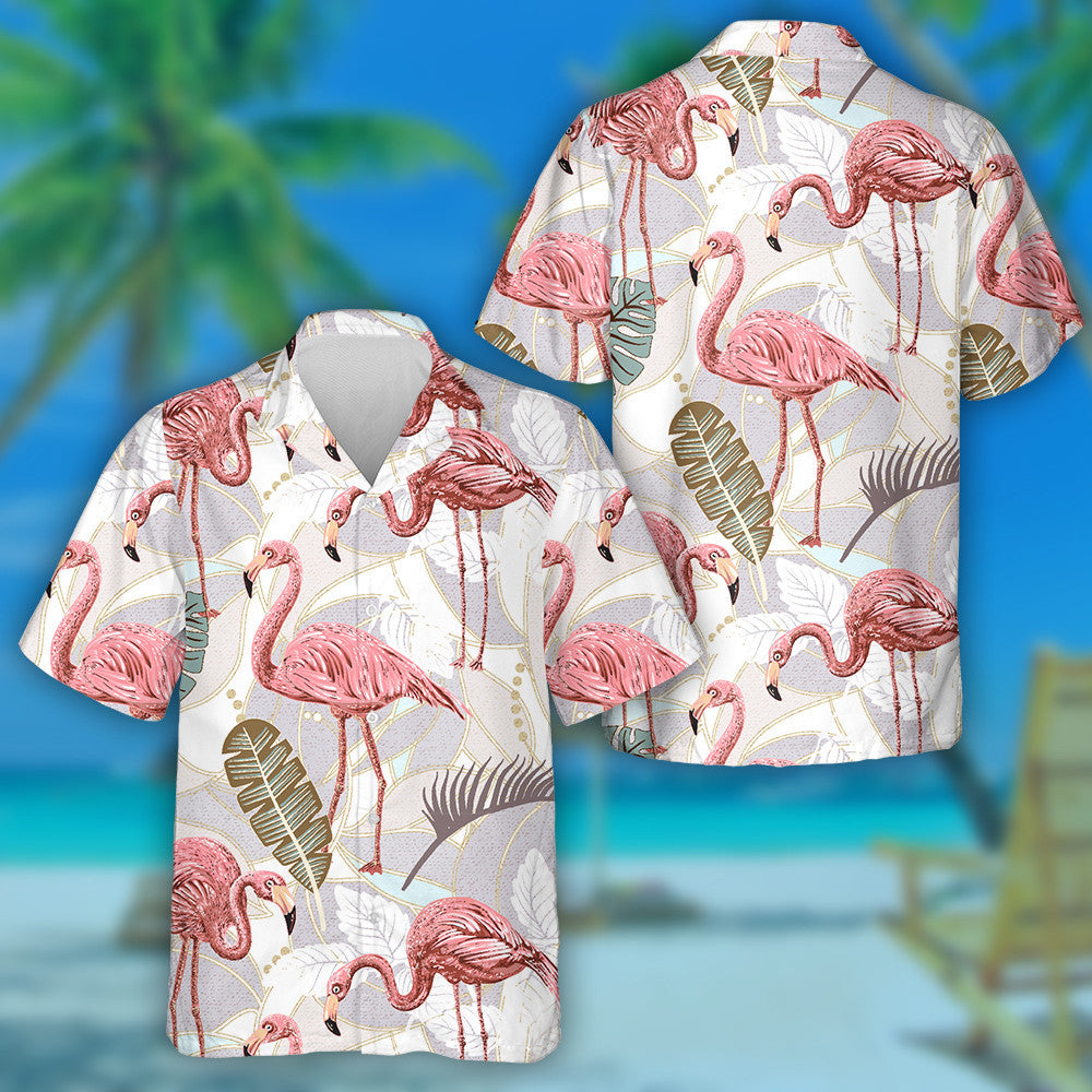 Retro Background With Pink Flamingo And Tropical Leaves Hawaiian Shirt, Hawaiian Shirt Gift, Christmas Gift