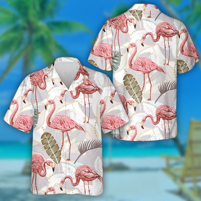 Retro Background With Pink Flamingo And Tropical Leaves Hawaiian Shirt, Hawaiian Shirt Gift, Christmas Gift