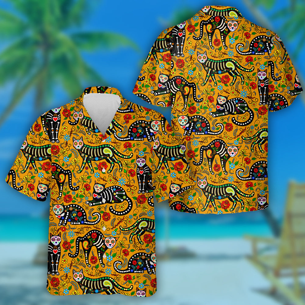 Black Cat Skull Sugar Calavera In Mexico Style Hawaiian Shirt, Hawaiian Shirt Gift, Christmas Gift