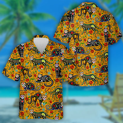 Black Cat Skull Sugar Calavera In Mexico Style Hawaiian Shirt, Hawaiian Shirt Gift, Christmas Gift