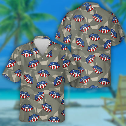 Lips Of The Flag Of America On Camouflage Military Background Hawaiian Shirt, Hawaiian Shirt Gift, Christmas Gift