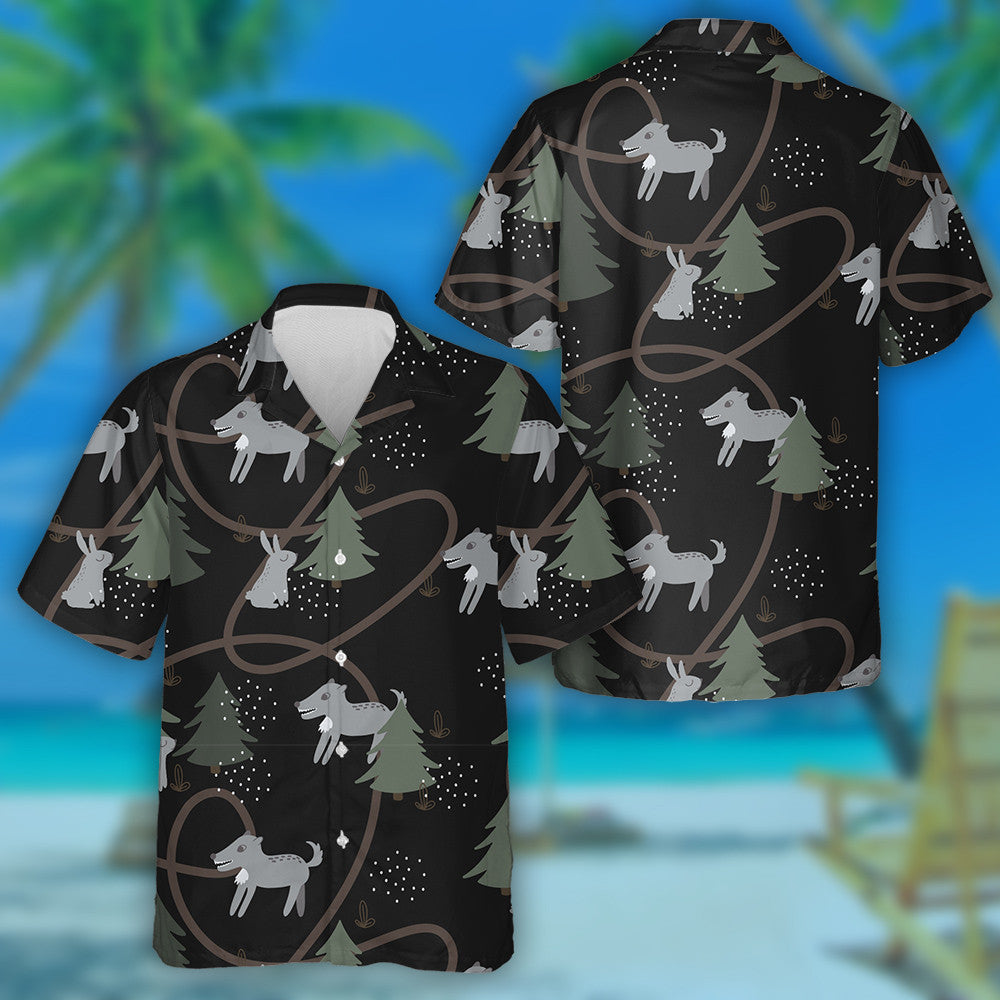 Grey Hares And Wolf In The Forest Black Background Hawaiian Shirt, Hawaiian Shirt Gift, Christmas Gift