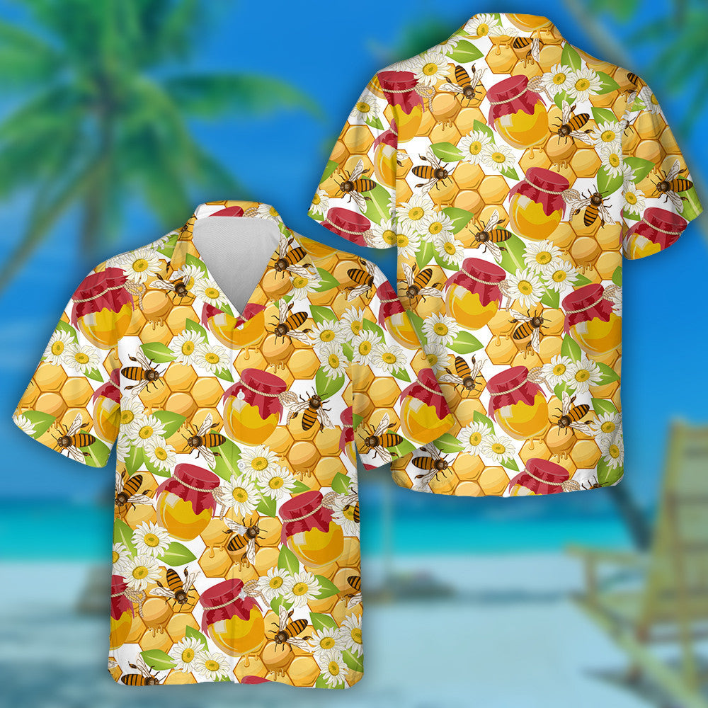 Jars Of Honey Bee And Flowers On A White Background Hawaiian Shirt, Hawaiian Shirt Gift, Christmas Gift