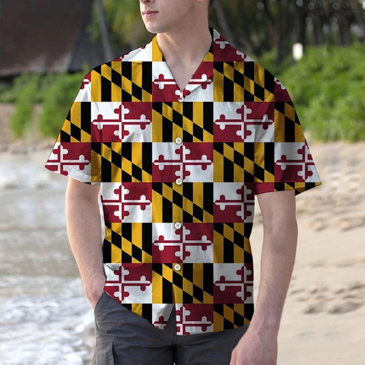 Classic Maryland Flag Yellow And Black Check Pattern Hawaiian Shirt, Hawaiian Shirt Gift, Christmas Gift