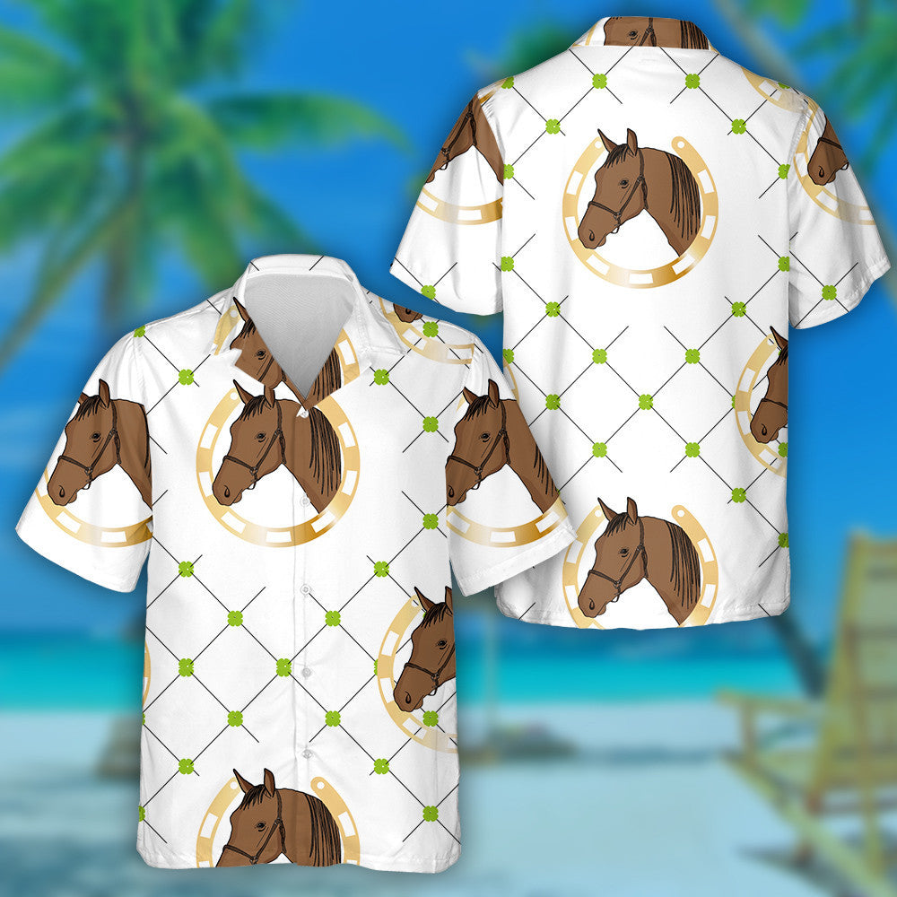 Hand Drawn With Horse In Horseshoe And Clover Hawaiian Shirt, Hawaiian Shirt Gift, Christmas Gift