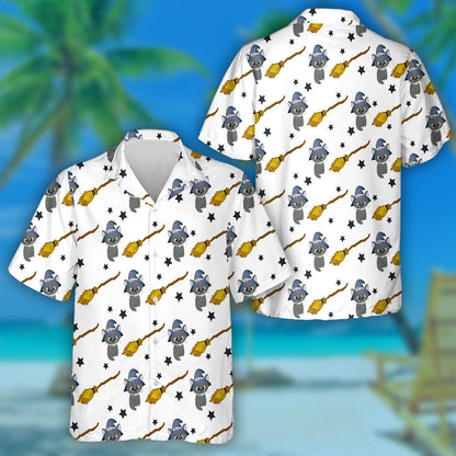 Black Cat With Broom For Flying Magic Items Hawaiian Shirt, Hawaiian Shirt Gift, Christmas Gift