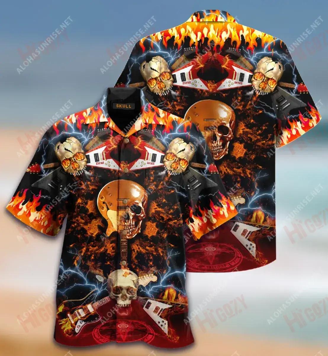 Skull Rock N Roll Hawaiian Shirt Summer Short Sleeve Tactical Hawaiian Shirt Funny Hawaiian Shirts, Hawaiian Shirt Gift, Christmas Gift