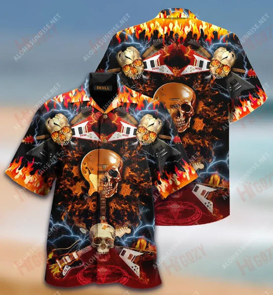 Skull Rock N Roll Hawaiian Shirt Summer Short Sleeve Tactical Hawaiian Shirt Funny Hawaiian Shirts, Hawaiian Shirt Gift, Christmas Gift