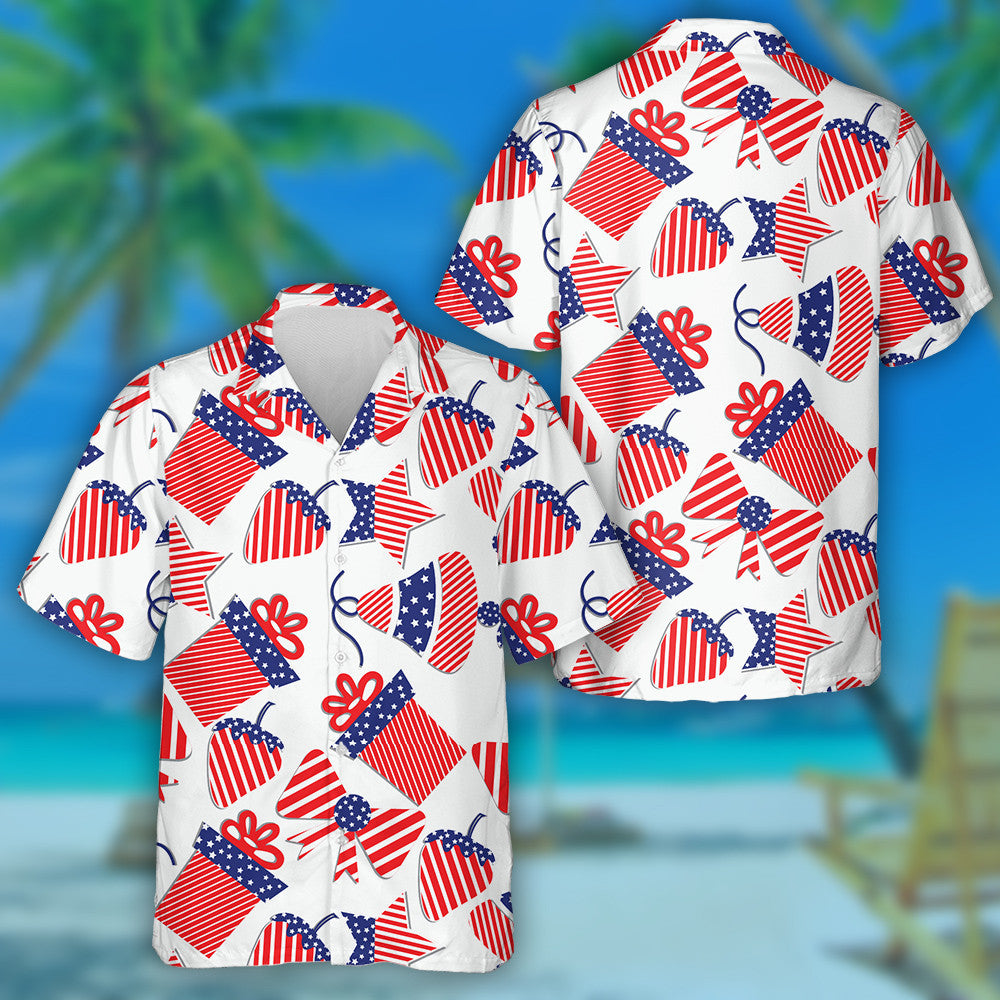 Patriotic Strawberries Gift Boxes Stars Bells And Bows Hawaiian Shirt, Hawaiian Shirt Gift, Christmas Gift
