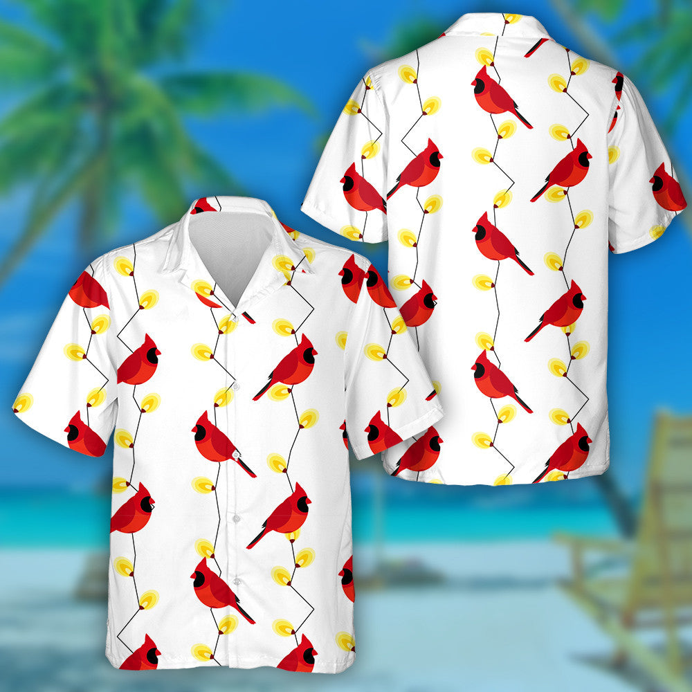 Red Cardinal Bird And Garland With Lights Hawaiian Shirt, Hawaiian Shirt Gift, Christmas Gift