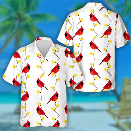 Red Cardinal Bird And Garland With Lights Hawaiian Shirt, Hawaiian Shirt Gift, Christmas Gift
